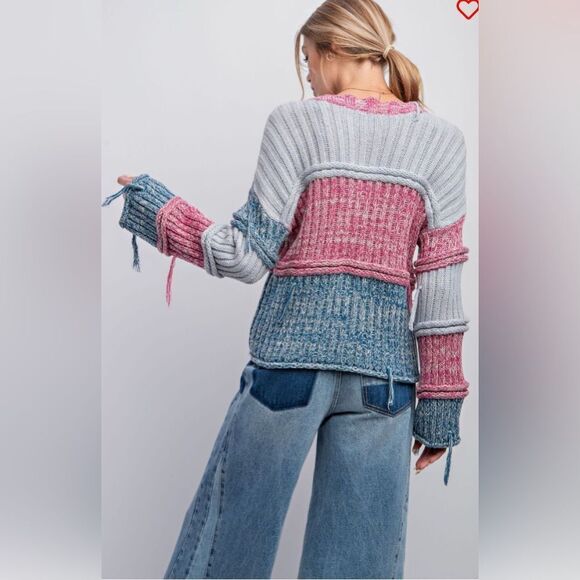 Easel Colorblock Sweater With Fringe NEW - Picture 3 of 4